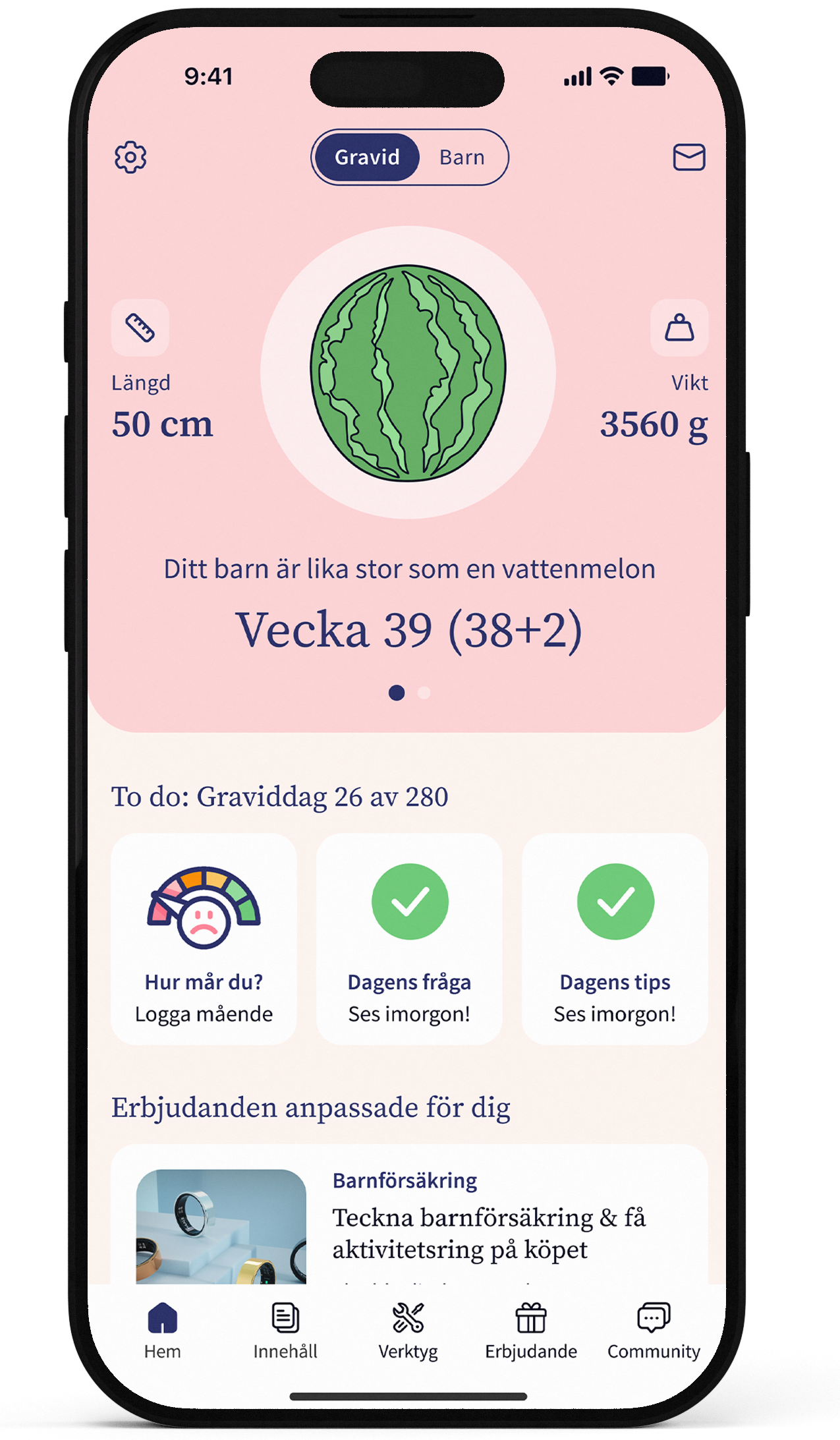 Preglife-appen visar vecka 39 och dagens uppgifter